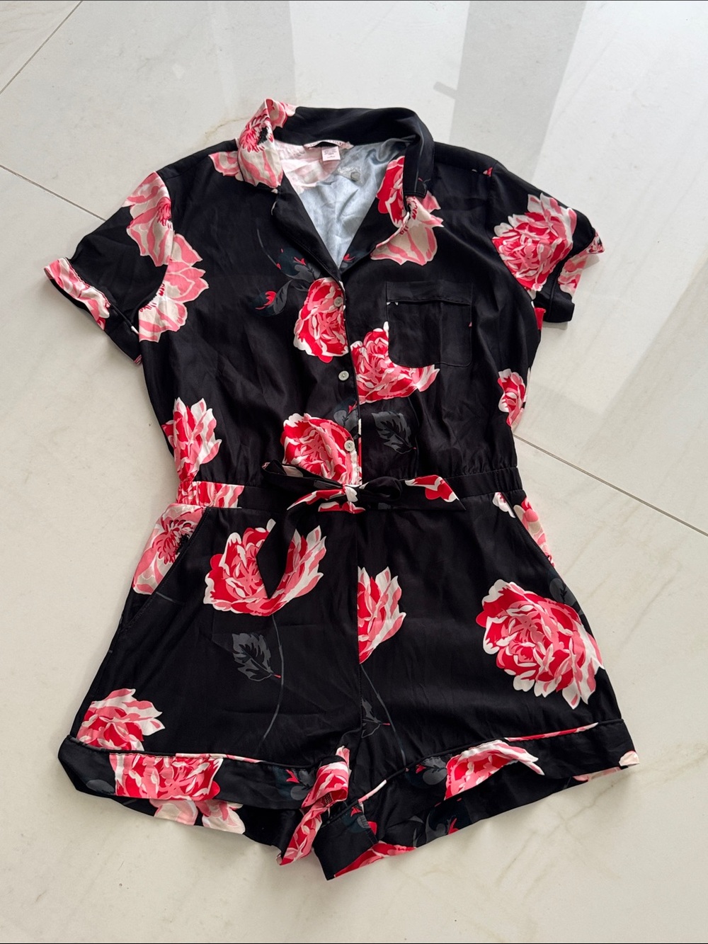 New Victoria's Secret Black Satin Floral Pajama Romper medium loungewear girly
